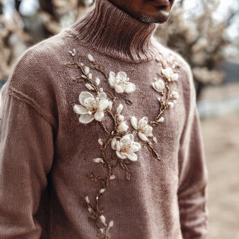 Men's Vintage White Almond Blossom Art Jacquard Thick Warm Turtleneck Sweater artswardrobe