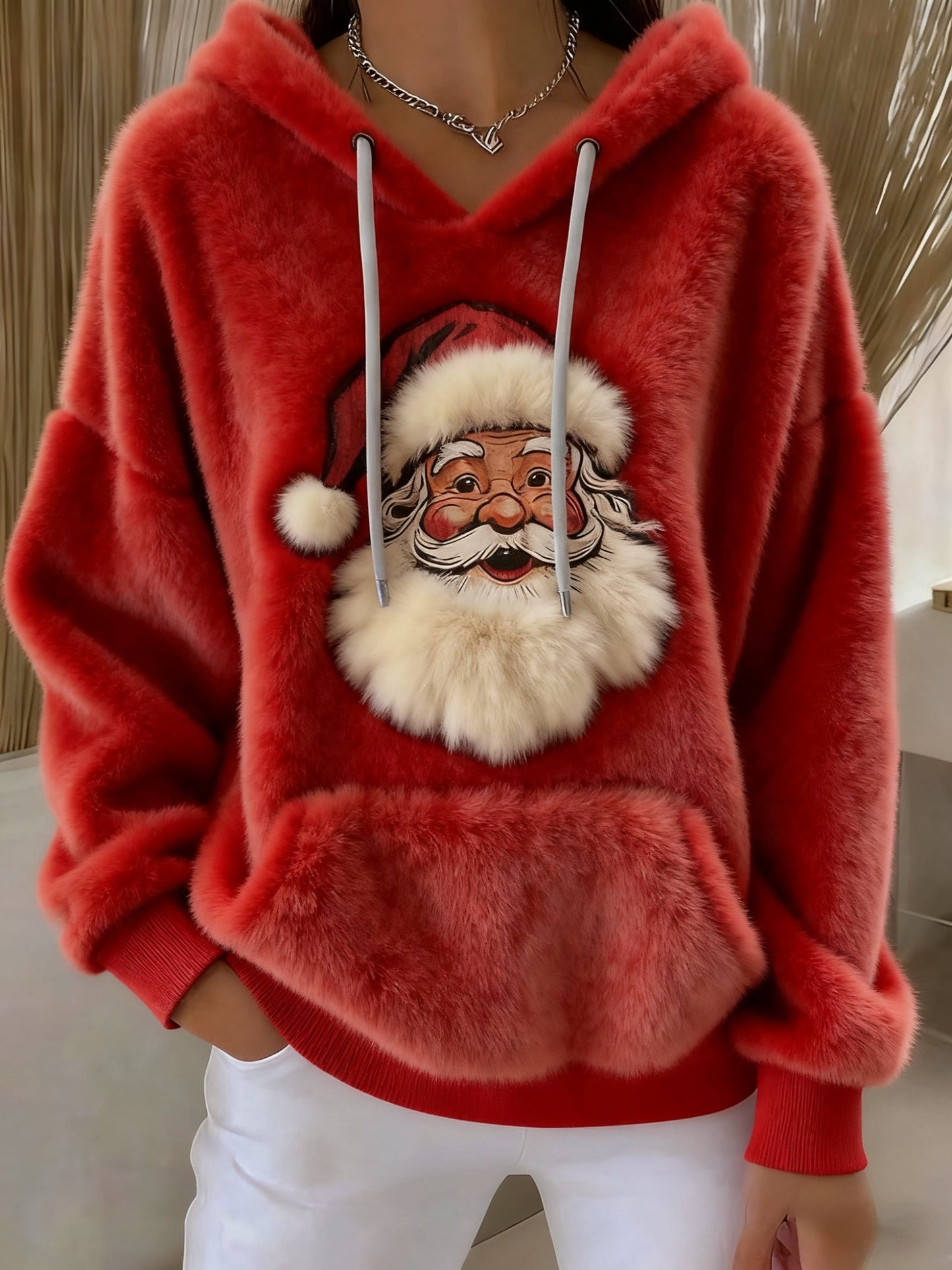 Vintage Christmas Santa Art Women's Cozy Plush Hooded Sweater