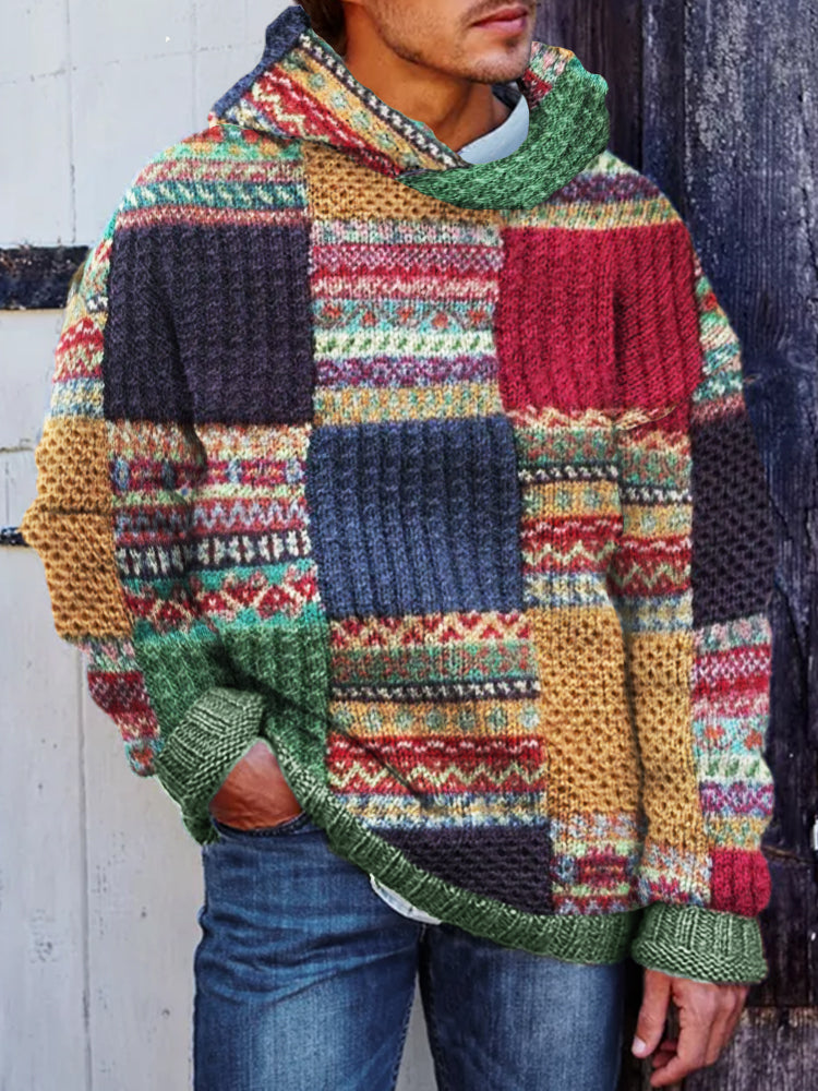 Men's Colorful Aztec Cable Knit Patchwork Cozy Hooded Sweater artswardrobe