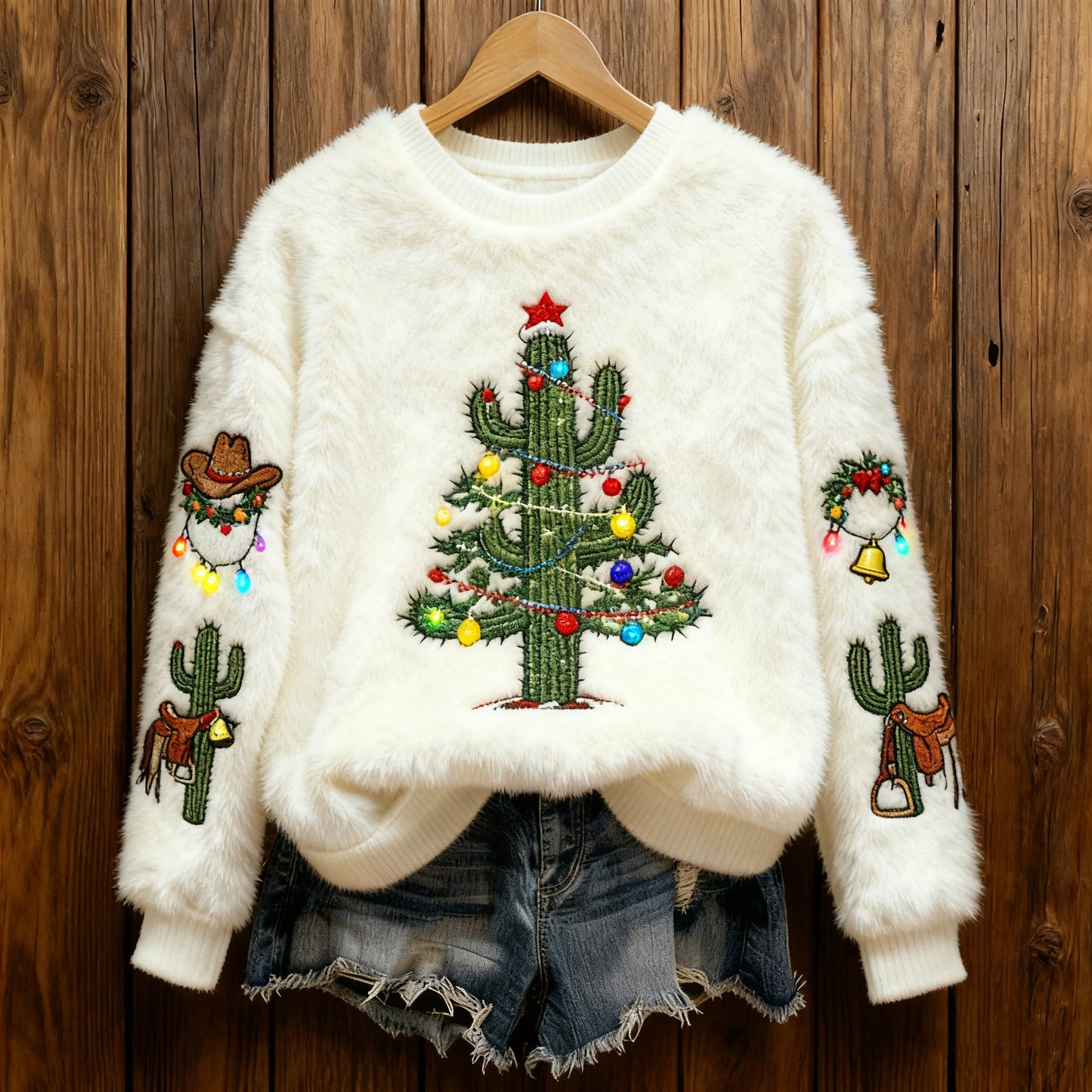 Comstylish Warm Crew Neck Sweater With Cactus And Christmas Tree Pattern