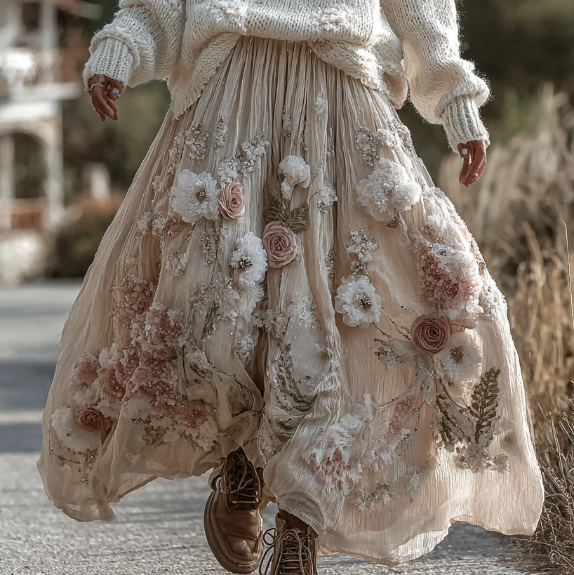 Classic Rose Art Cozy Knit Round Neck Sweater And Linen Skirt Two-piece Set artswardrobe