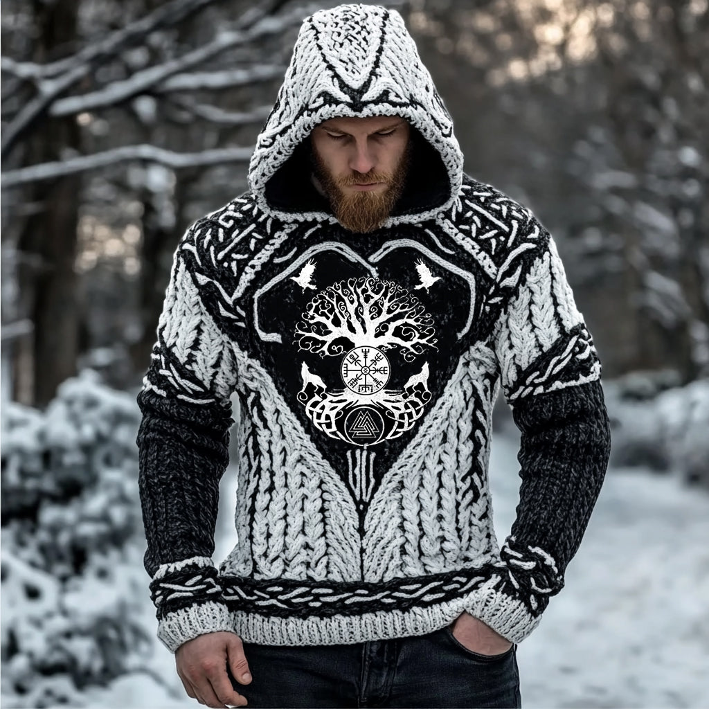 Men's Viking Tree Of Life Celtic Contrast Chunky Hooded Sweater artswardrobe