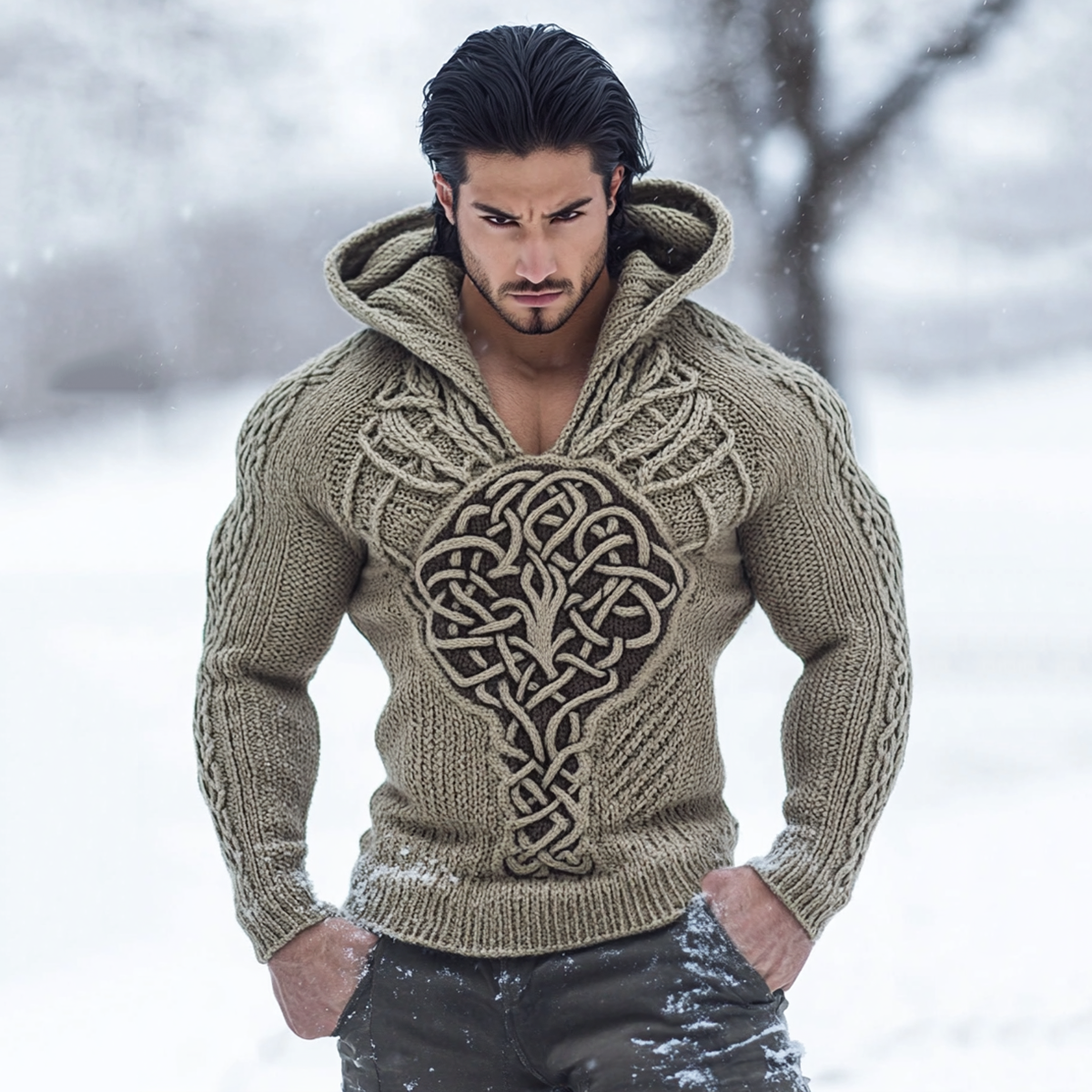 Irish Celtic Tree Of Life Jacquard Cozy Knit Hooded Sweater elevenforest