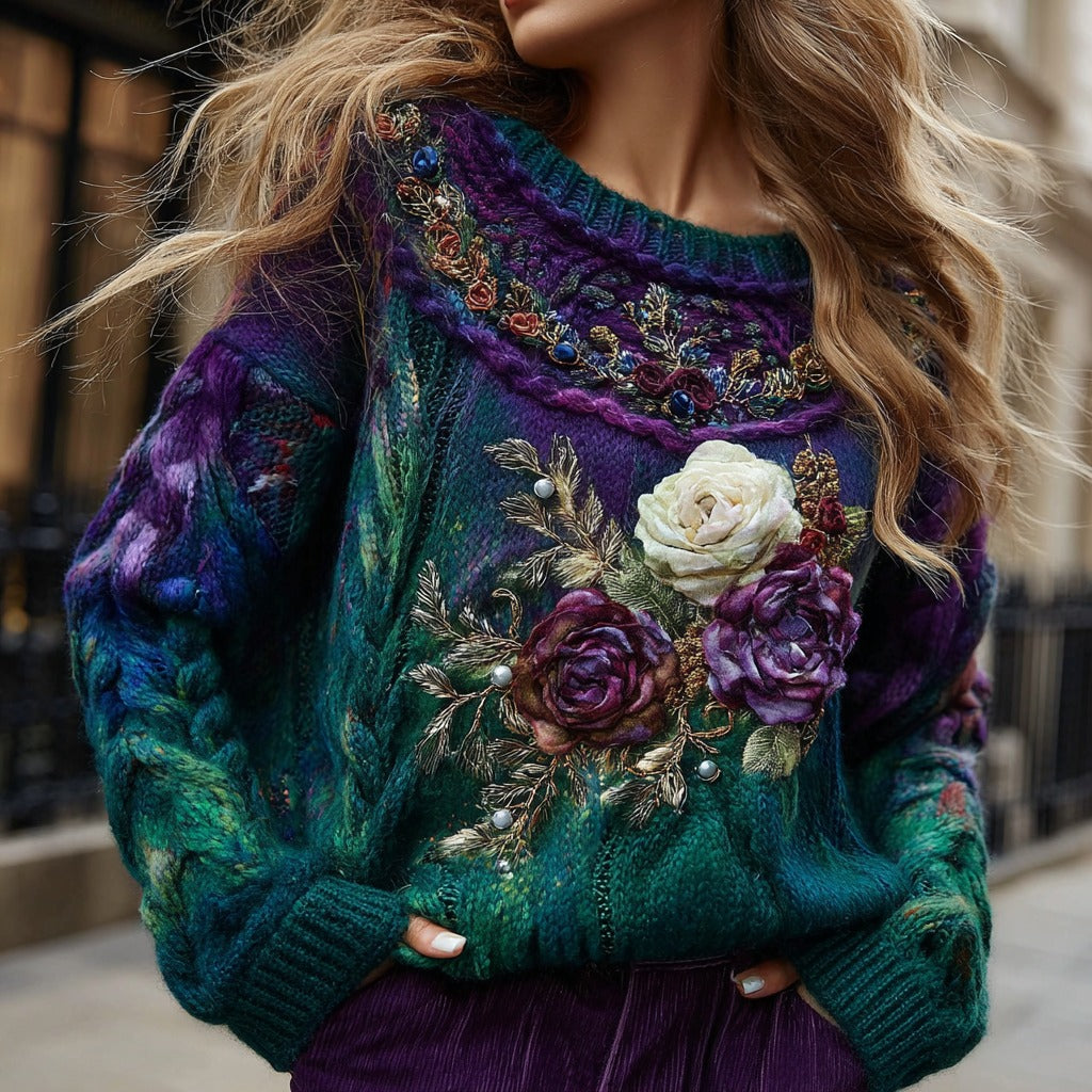 Comstylish Women's Retro Rose Gradient Knitted Warm Crew Neck Sweater