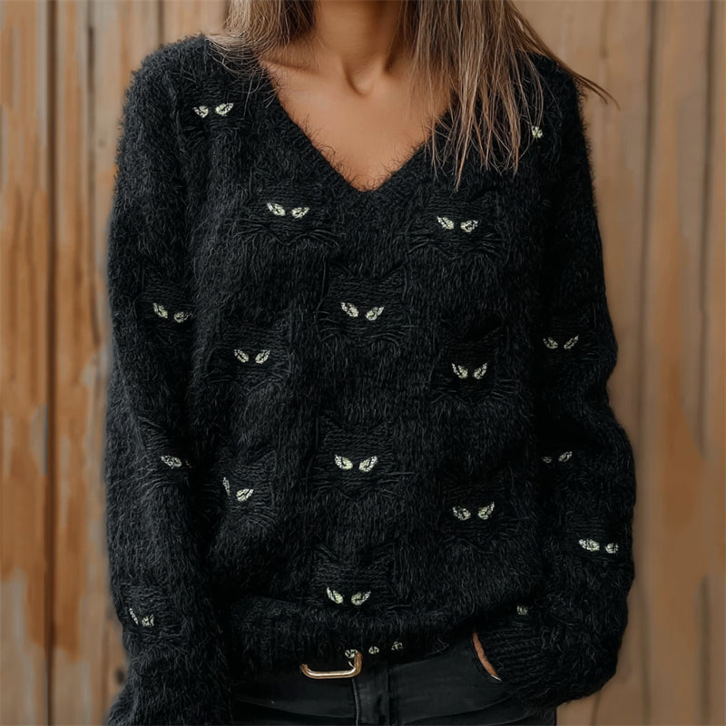 Black Cat Faces Embroidered Fuzzy Cozy Knit Sweater artswardrobe