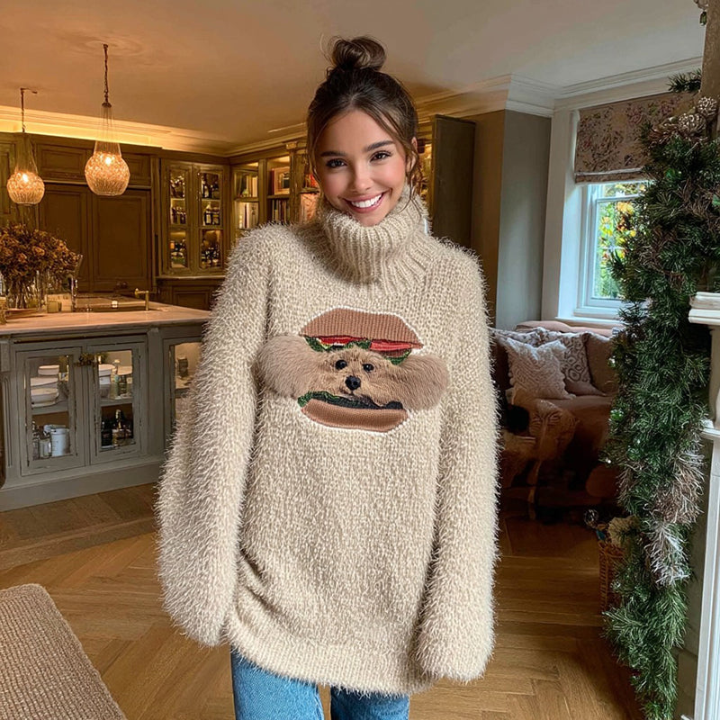 Fuzzy Funny Hamburger Puppy Appliqué Cozy Knit Turtleneck Sweater elevenforest