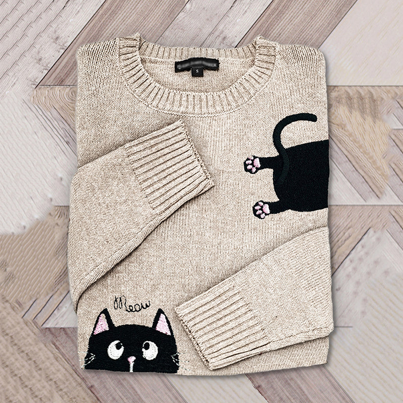 Funny Black Cat Embroidery Jacquard Art Cozy Sweater elevenforest