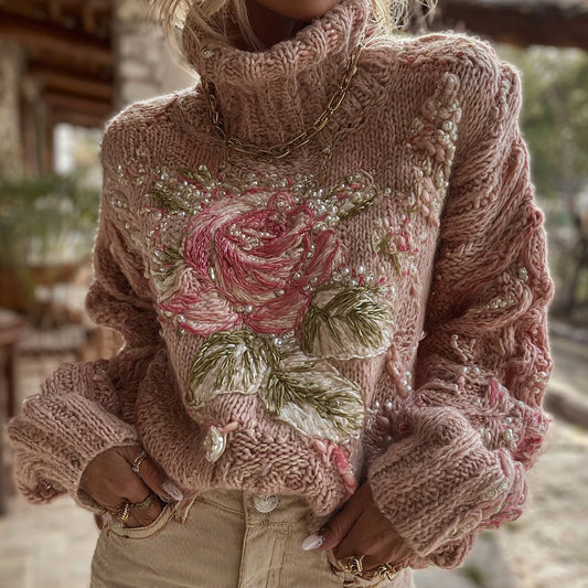 Women's Vintage Pink Rose Pattern Warm Knitted Turtleneck Sweater artswardrobe