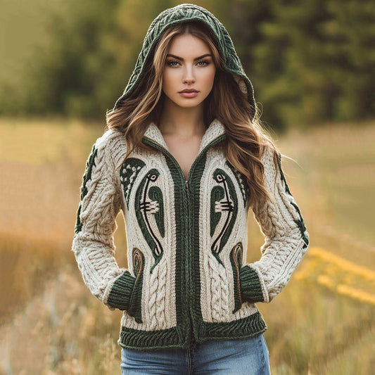 Women's Celtic Knot Harp Jacquard Hooded Pocket Zip Sweater elevenforest