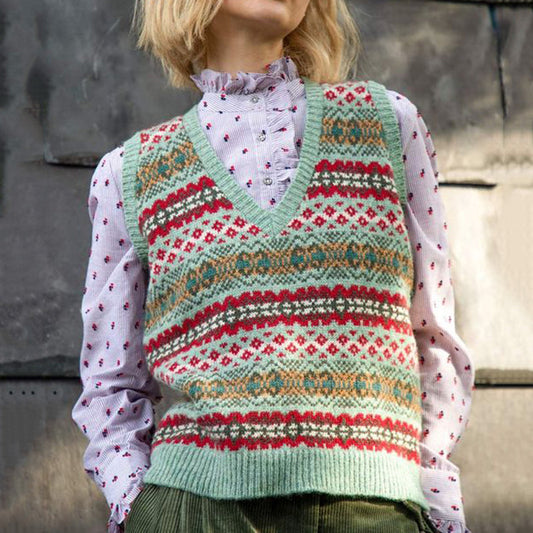 Vintage Sage Wool Icelandic Knit Jacquard Warmth Vest Sweater elevenforest