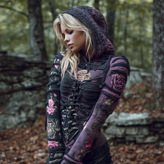Comstylish Halloween Floral Bandage Art Women's Hooded Knit Sweater