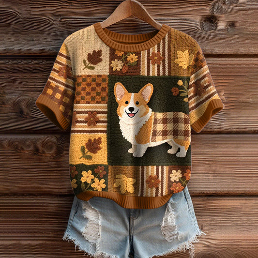 Vintage Corgi Dog With Felt In Autumn Inspired Embroidered Short Sleeve Cozy Knit Sweater elevenforest