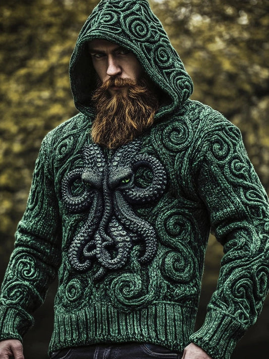 Men's Retro Cthulu Celtic Jacquard Chunky Hooded Sweater elevenforest