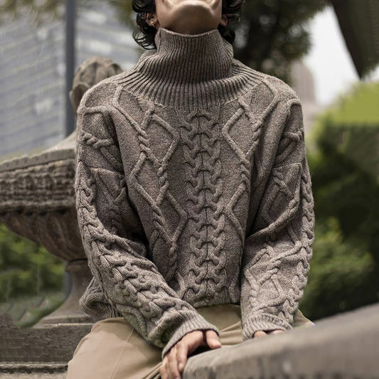 Men's Vintage Aran Jacquard Turtleneck Sweater elevenforest