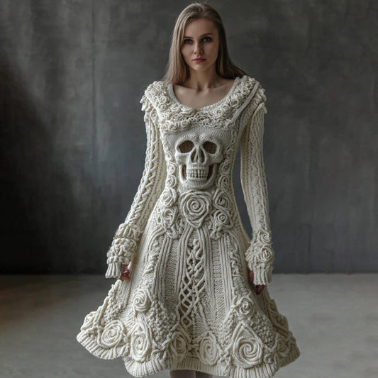 Comstylish Vintage White Roses Skull Cozy Knit Sweater Dress
