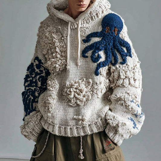 Men's Octopus Art Cozy Knit Hooded Sweater elevenforest