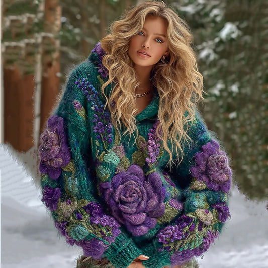 Comstylish Women's Gradient Rose And Floral Knitted Warm Hooded Sweater