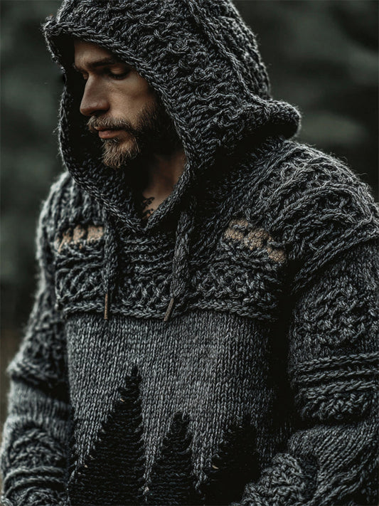 Men's Vintage Dark Forest Silhouette Cozy Chunky Hooded Sweater elevenforest