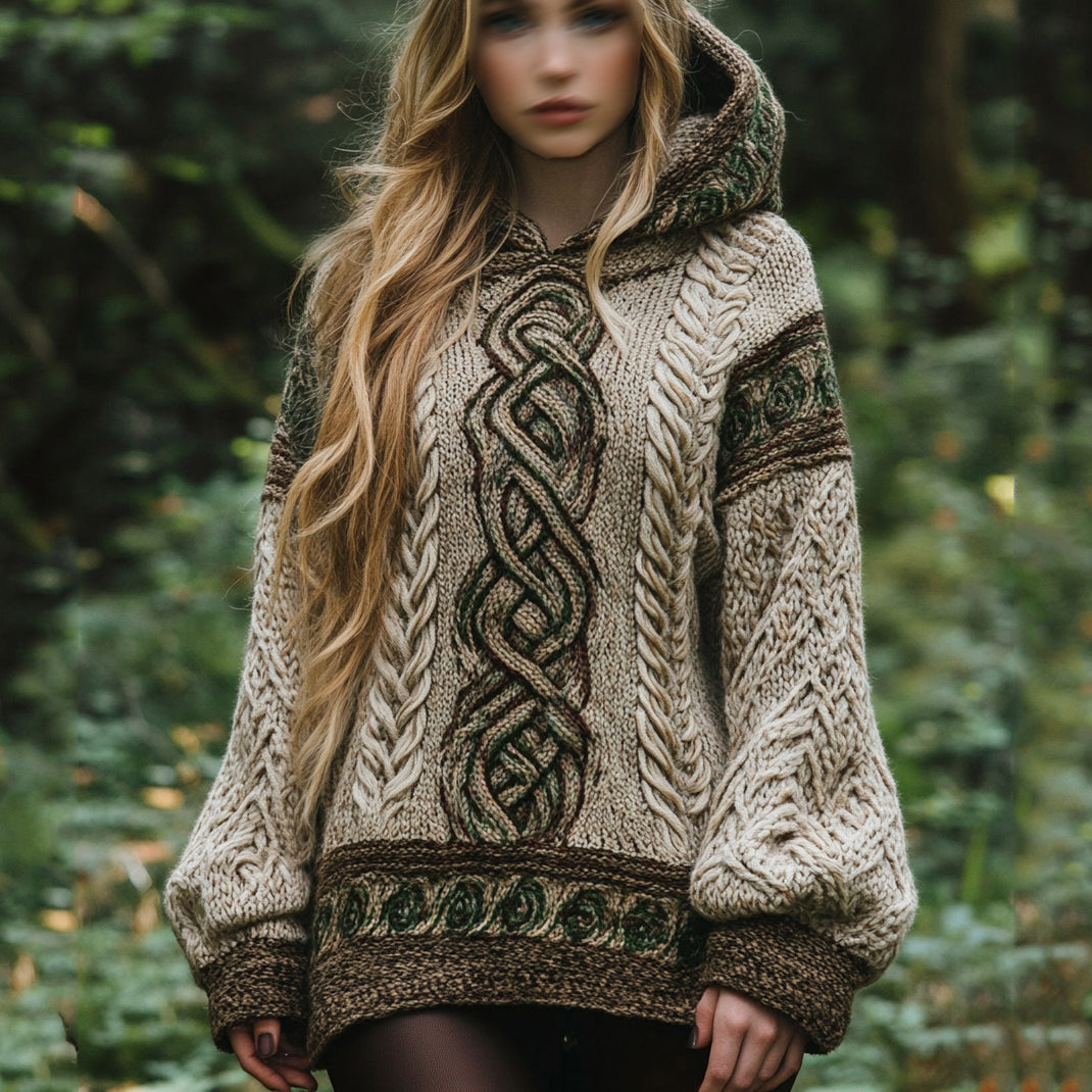 Women's Irish Celtic Knot Jacquard Hooded Sweater elevenforest