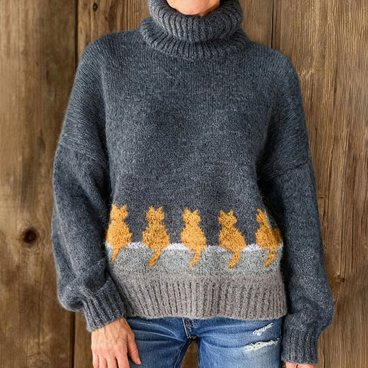 Women's Cute Cats Print Knit Turtleneck Pullover Sweater elevenforest