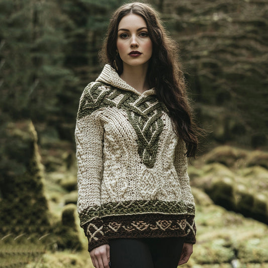 Women's Celtic Knot Jacquard Contrast Hooded Sweater artswardrobe