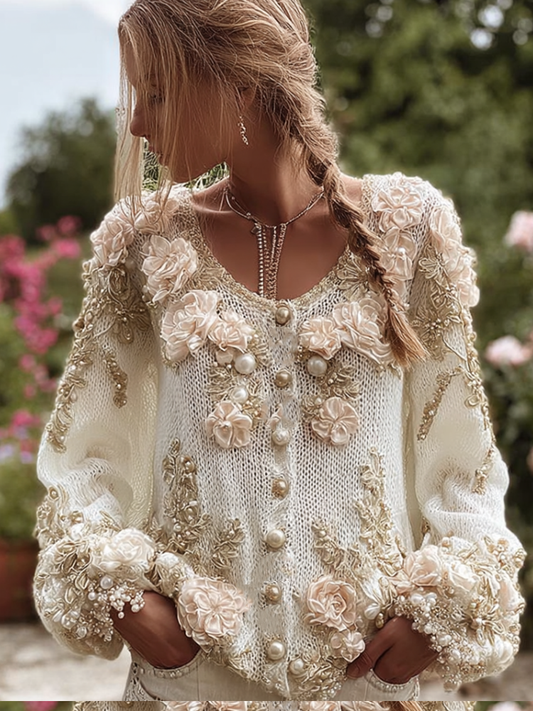 Bohemian Style 3d Pink Flower Knitted Pattern Women's V-neck Long-sleeve Knitted Sweater Jacket elevenforest