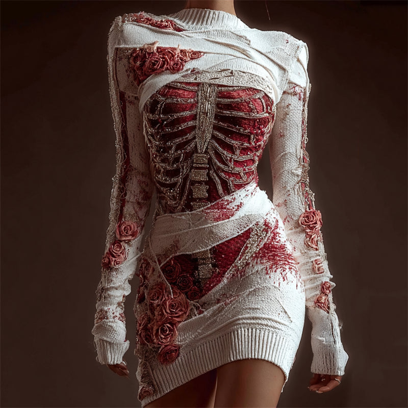 Classy Skeleton Anatomy Bloody Roses Bandages Knit Sweater Dress artswardrobe