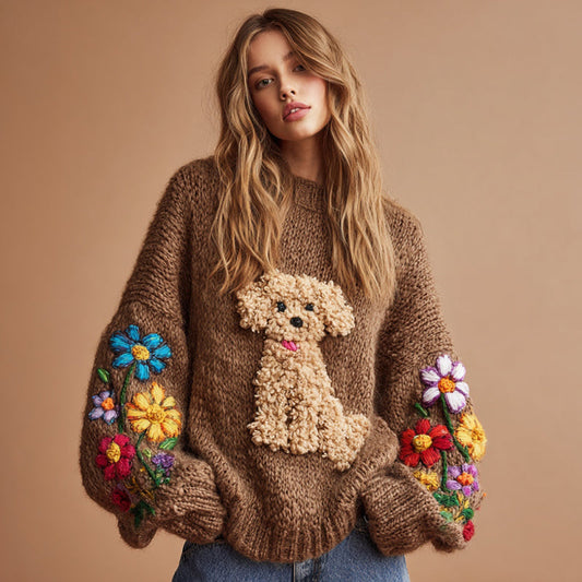 Vintage Fuzzy Dog Colorful Wildflower Embroidery Crochet Cozy Knit Sweater elevenforest