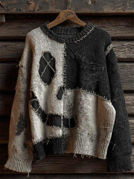 Halloween Spooky Face Contrast Colorblock Stitched Cozy Knit Sweater elevenforest