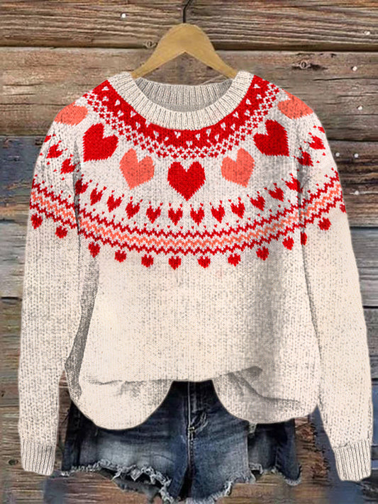 Valentine's Day Hearts Pattern Knit Icelandic Sweater elevenforest