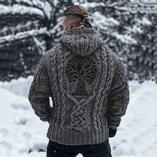 Men's Viking Tribal Tree Of Life Celtic Chunky Knit Hooded Sweater elevenforest