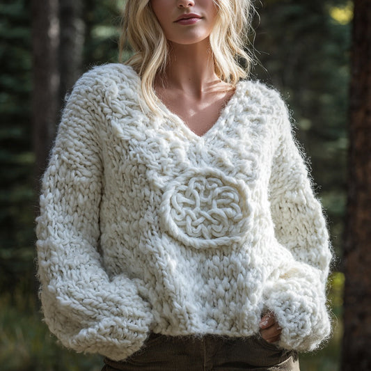 Women's Vintage Viking Rune Pattern Knitted Warm V-neck Sweater elevenforest