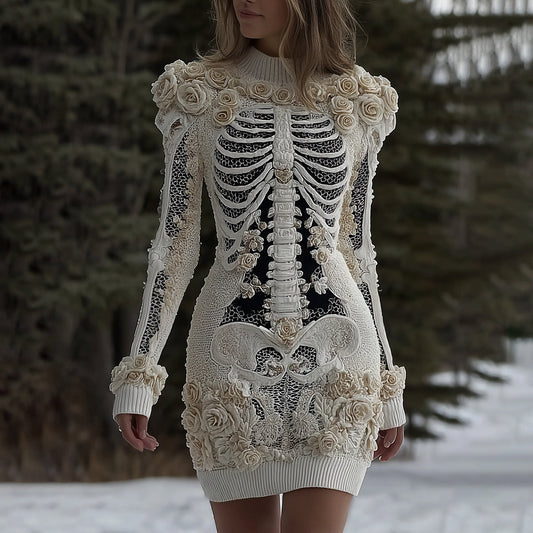 Comstylish Women's Halloween Skeleton Bones With Rose Art Cozy Knit Mini Sweater Dress