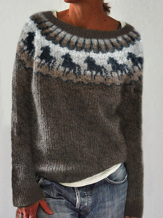 Horse Pattern Cozy Vintage Knit Sweater elevenforest