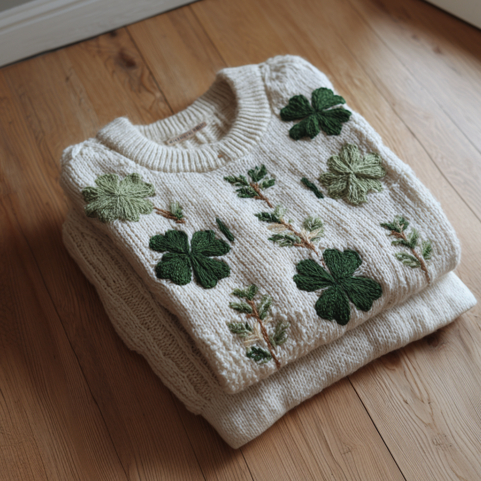 Comstylish Women's Four-leaf Clover Winter Warm Round Neck Knitted Sweater