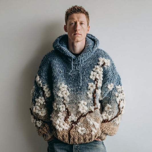 Men's Japanese Almond Blossom Gradient Warm Hooded Sweater elevenforest