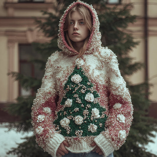 Women's Vintage Christmas Tree Color Blocked Limited Edition Hooded Sweater artswardrobe