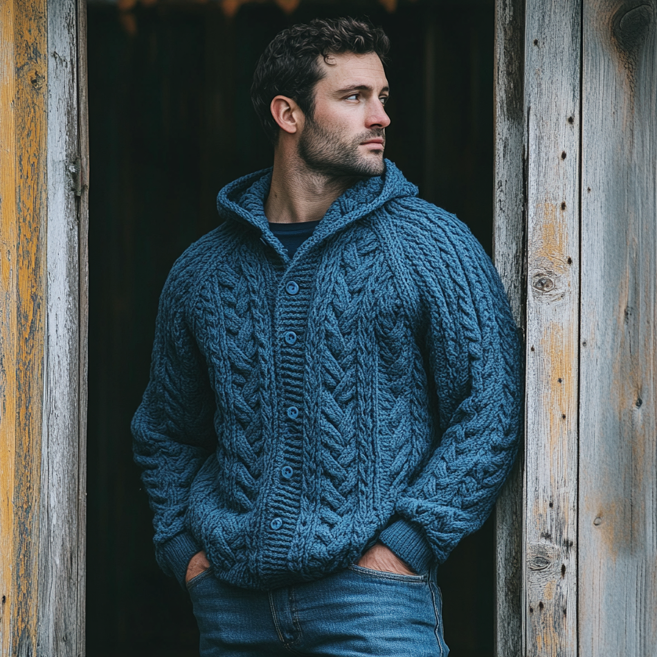 Men'S Vintage Burlap Jacquard Hooded Button-Up Sweater artswardrobe
