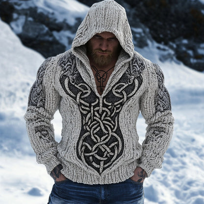Retro Viking Celtic Jacquard Chunky Hooded Sweater elevenforest