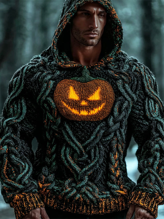 Viking Halloween Pumpkin Lights Men's Chunky Knit Twist Hooded Sweater elevenforest