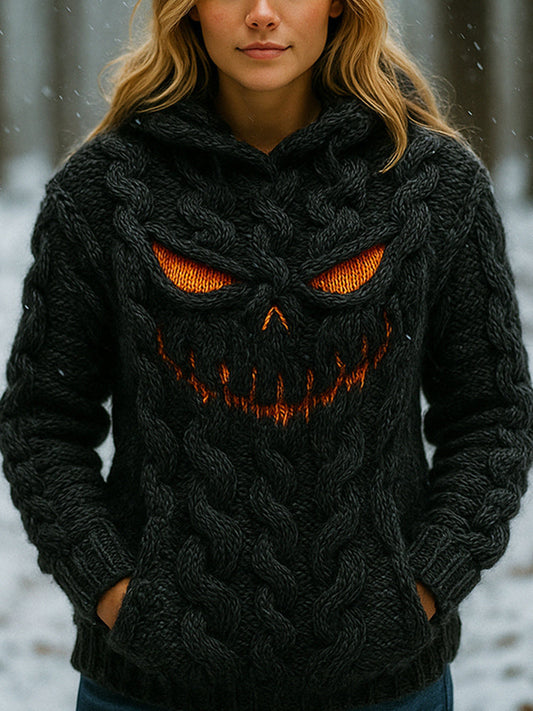 Halloween Evil Pumpkin Emoji Women's Chunky Knit Hooded Sweater elevenforest