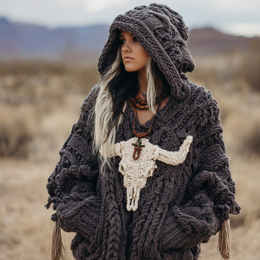 Women's Vintage Ox-head Embroidery Hooded Sweater elevenforest