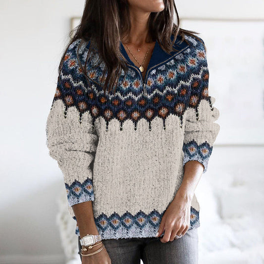 Retro Icelandic Pattern Knitted Zipper Cozy Sweater elevenforest