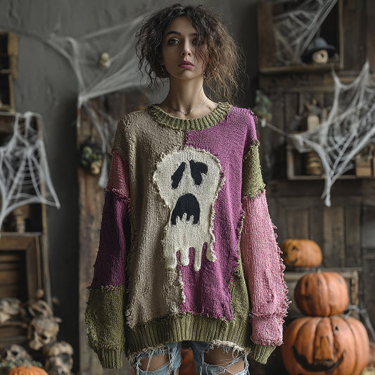 Halloween Ghost Contrast Stitched Cozy Knit Sweater elevenforest