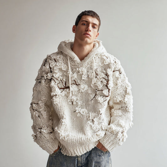 Men's Japanese White Almond Blossom Warm Hooded Sweater elevenforest