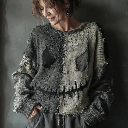 Halloween Spooky Face Sewn Knitted Crew Neck Sweater artswardrobe
