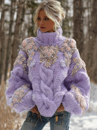 Women's Vintage Embroidery Rose Art Knit Cozy High Neck Sweater elevenforest