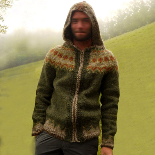 Forest Green Iceland Jacquard Zipper Up Hooded Sweater elevenforest