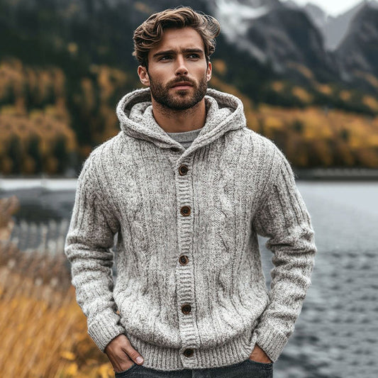 Men's Knitted Chunky Design Hooded Button Sweater artswardrobe