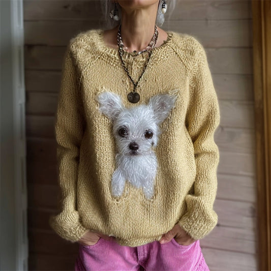 Vintage Fuzzy White Chihuahua Dog Cozy Knit Sweater elevenforest